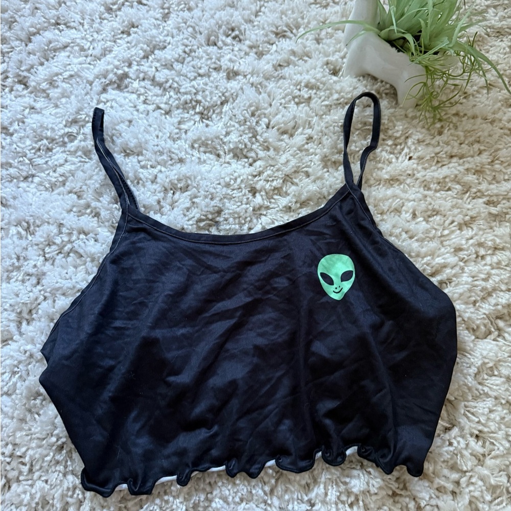 Stylish Black Camisole with Alien Motif EDM Festival vibe